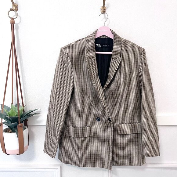 Zara Houndstooth Brown Black Long Sleeve Lapel Collar Blazer Size S - Picture 1 of 6